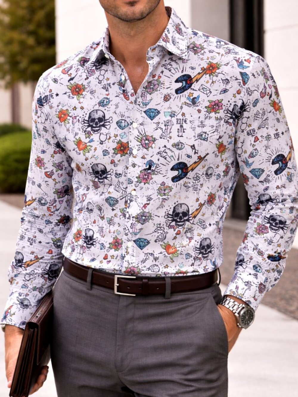 Horst Men's Dress Shirt Long Sleeve Halloween Skulls Lightening Gothcore Size XL